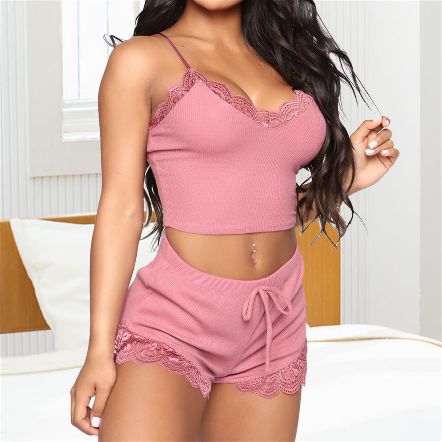 Pyjama sexy en dentelle sans manches pour femme, doux et confortable, col en V, chemise de nuit en satin