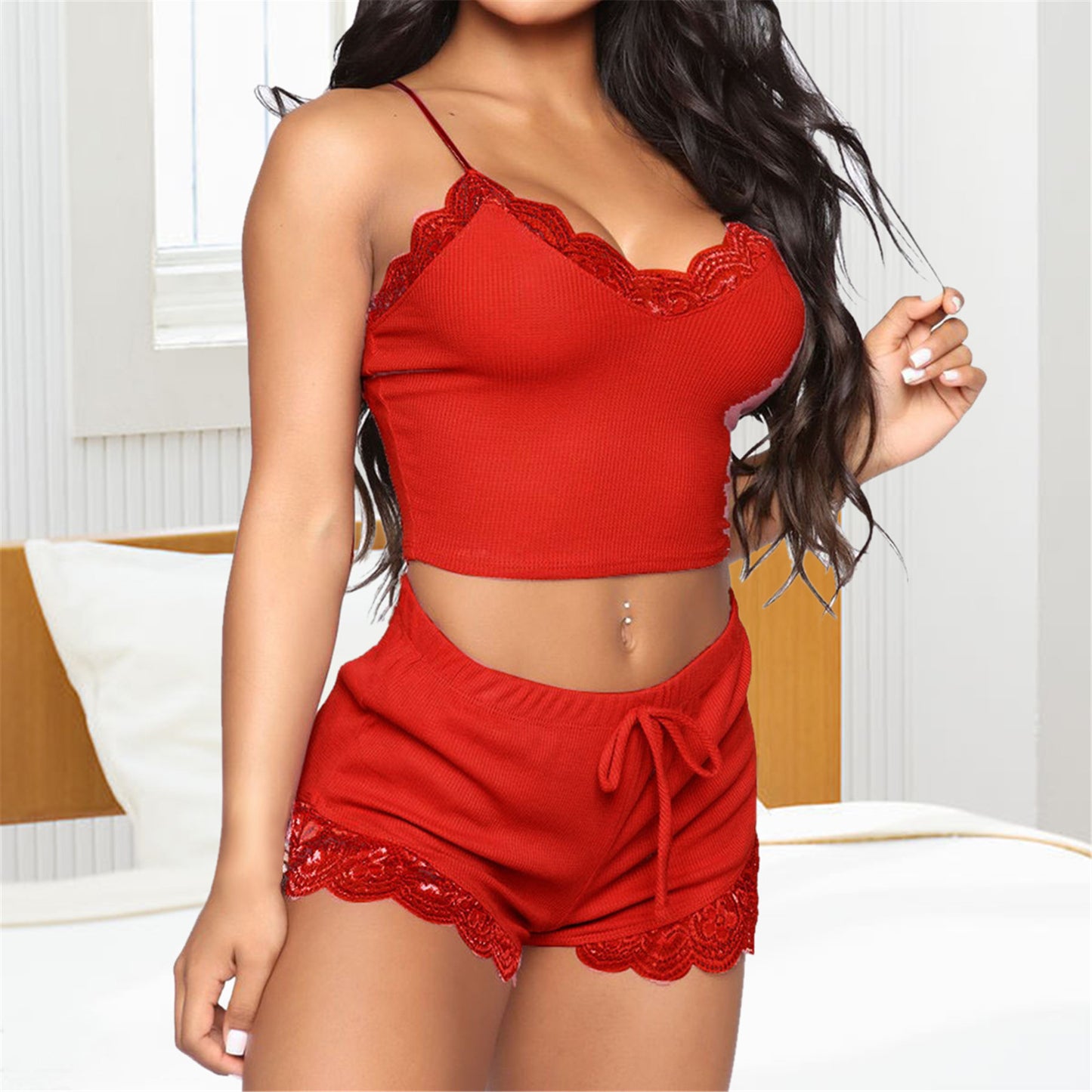 Pyjama sexy en dentelle sans manches pour femme, doux et confortable, col en V, chemise de nuit en satin