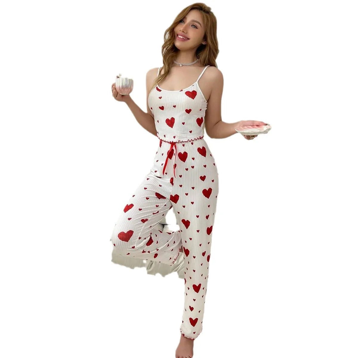 Pyjama femme grande taille ensemble pyjama 2 pièces gilet court + pantalon blanc respirant doux décontracté amour imprimé
