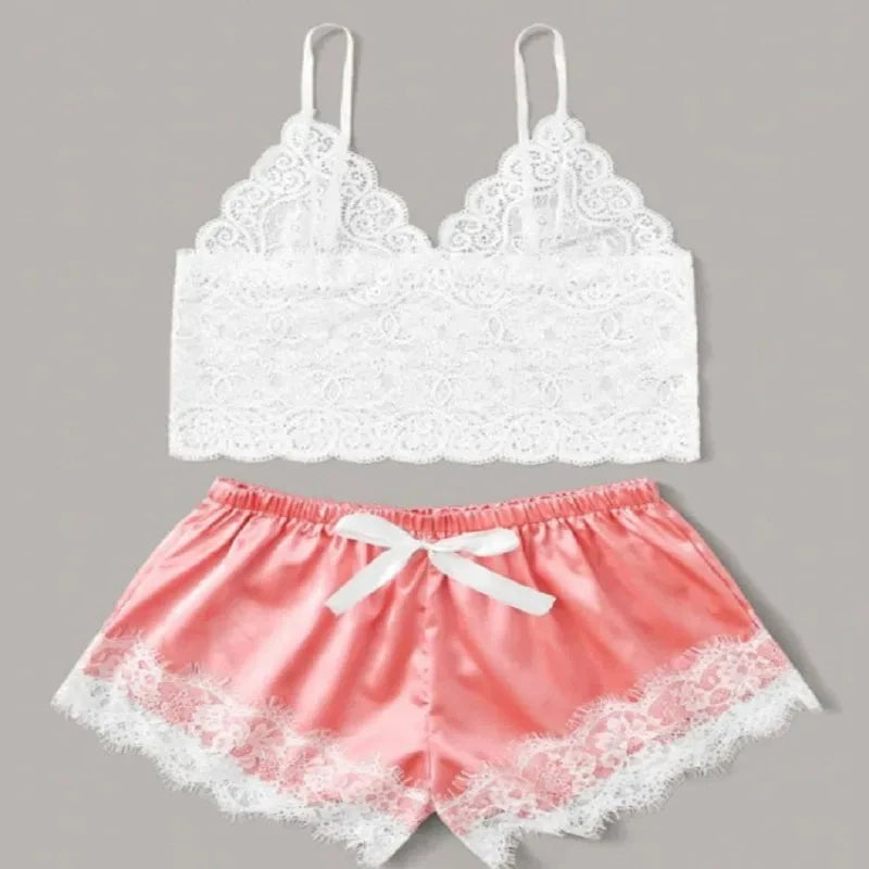 Pyjama sexy en dentelle sans manches pour femme, doux et confortable, col en V, chemise de nuit en satin