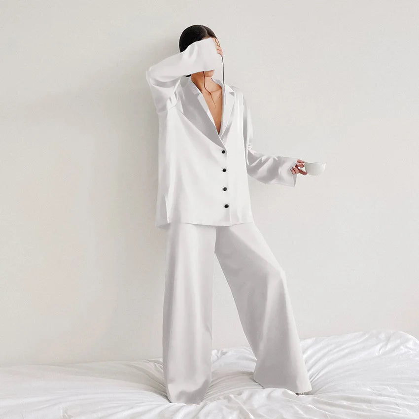 Ensemble de pyjama sexy à coupe basse pour femme, pantalon ample et décontracté à manches longues, en satin de soie uni, haut ajusté, 2 pièces