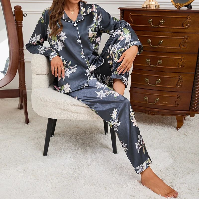 Pyjama 2 pièces en satin pour femme, vêtement d'automne à imprimé floral, haut à manches longues, pantalon de pyjama