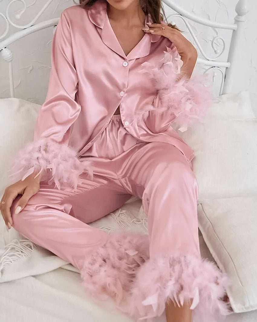 Ensemble 2 pièces à manches longues et pantalon long, pyjama blanc pour demoiselle d'honneur, robe de soirée en satin à revers multicolore, élasticité, pyjama sexy pour femme