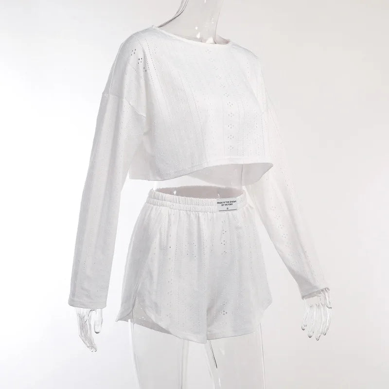 Pyjama d'été ajouré pour femme, haut à manches longues et short, ensemble 2 pièces