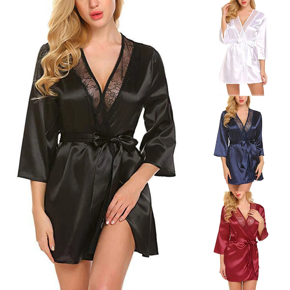 Robe de chambre en satin pour femme, tenue d'été portefeuille, peignoir, chemise de nuit, pyjama, col en V, sexy, surdimensionnée, imitation soie, perspective