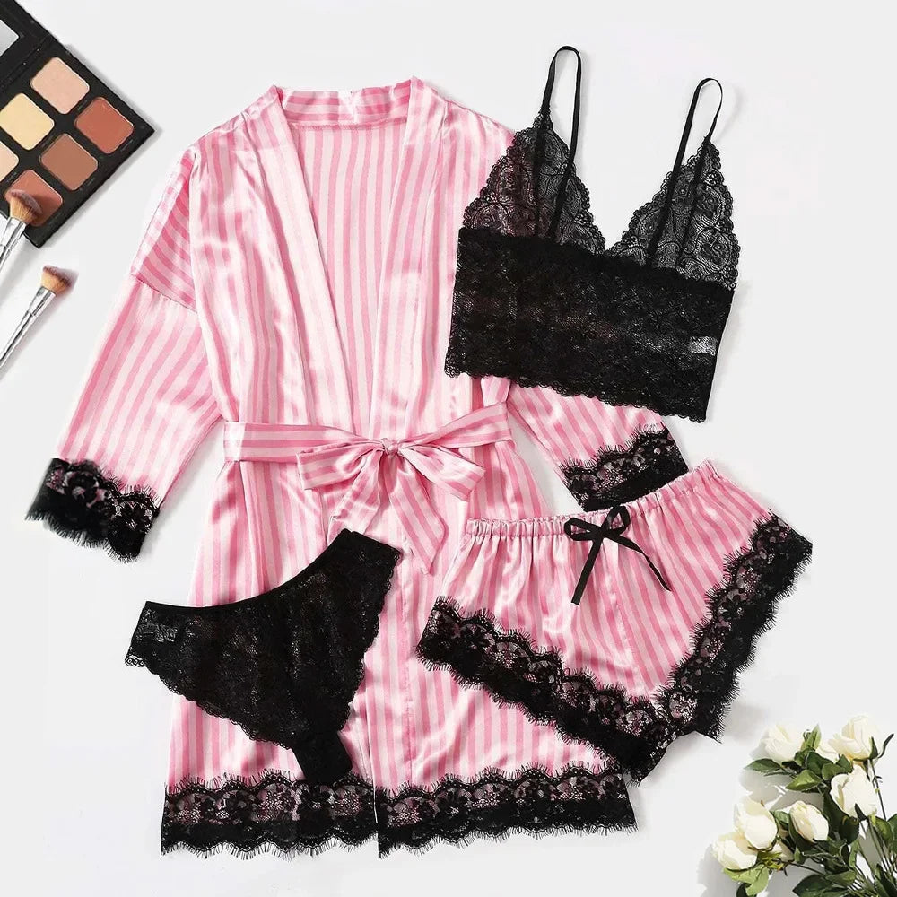Pyjama tendance pour femme, imprimé, sexy, bordure en dentelle, imitation soie, satin, doux pour la peau, confortable, vêtements de détente, pyjama sexy