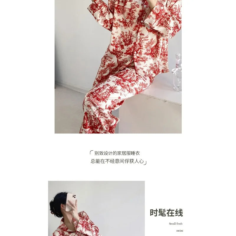 Ensemble pyjama 2 pièces pour femme, tenue de détente, imprimé floral rouge, manches longues, pantalon, vêtements de nuit amples en satin, chemise et pantalon
