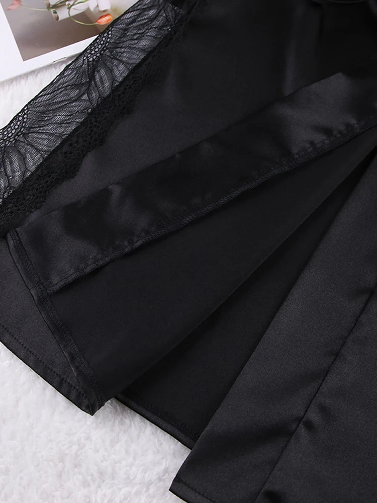 Ensembles de pyjama en dentelle patchwork avec soutien-gorge et sous-vêtements sexy en satin pour femme, 3 pièces, vêtements de nuit, peignoirs, 2023