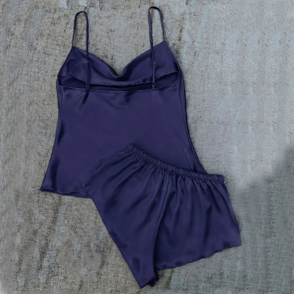 Pyjama sans manches en satin de soie, col en V, ample, caraco, short, chemise de nuit, vêtements de maison, ensembles de vêtements de nuit en soie glacée, été, femme