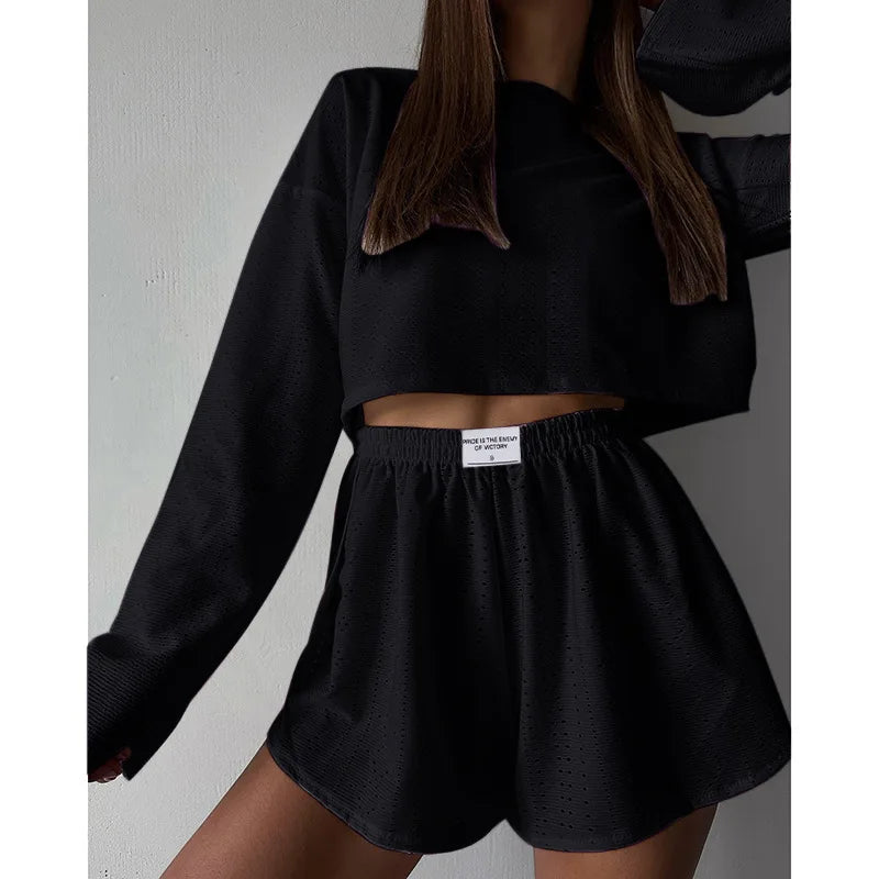 Pyjama d'été ajouré pour femme, haut à manches longues et short, ensemble 2 pièces
