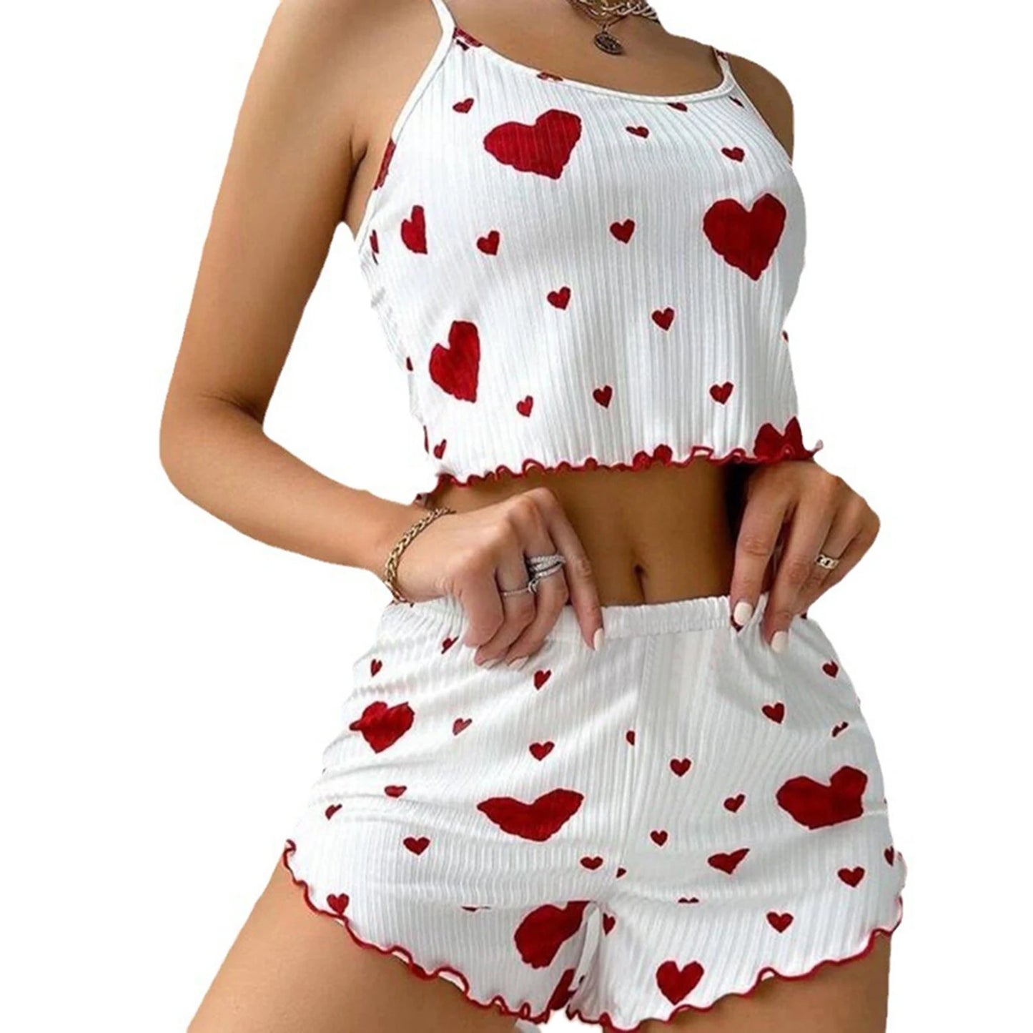 Ensemble pyjama 2 pièces pour femme, débardeur court et short, taille SML, blanc, respirant, doux, décontracté, imprimé Love