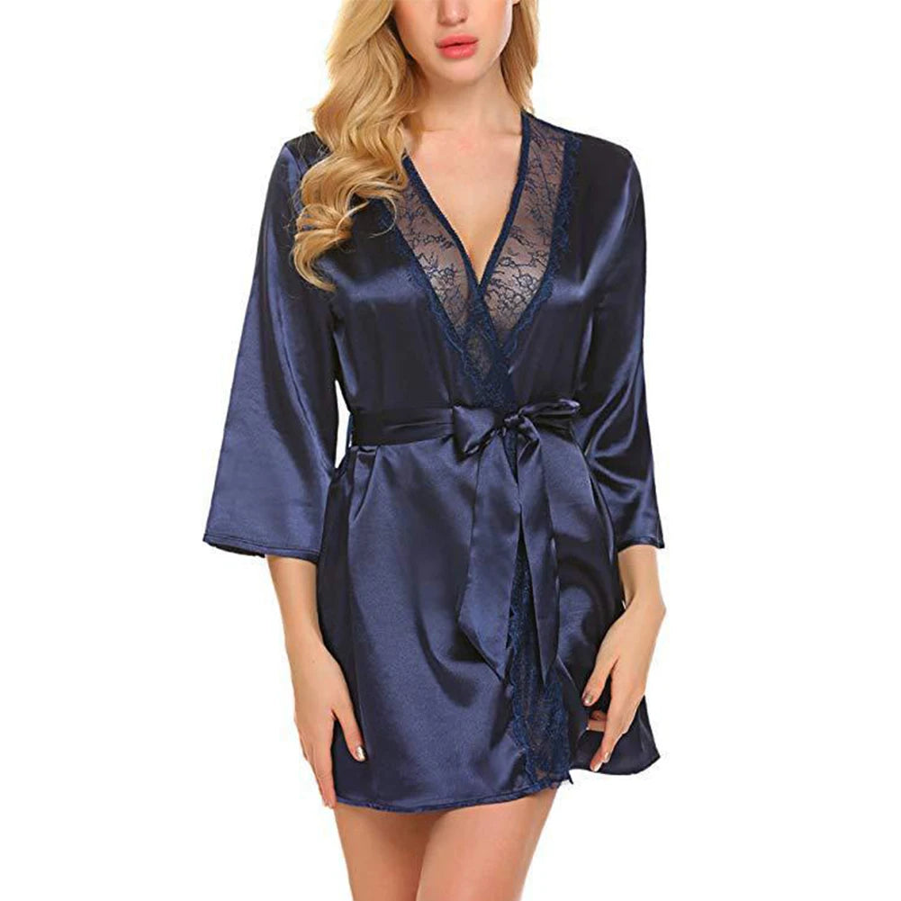 Robe de chambre en satin pour femme, tenue d'été portefeuille, peignoir, chemise de nuit, pyjama, col en V, sexy, surdimensionnée, imitation soie, perspective
