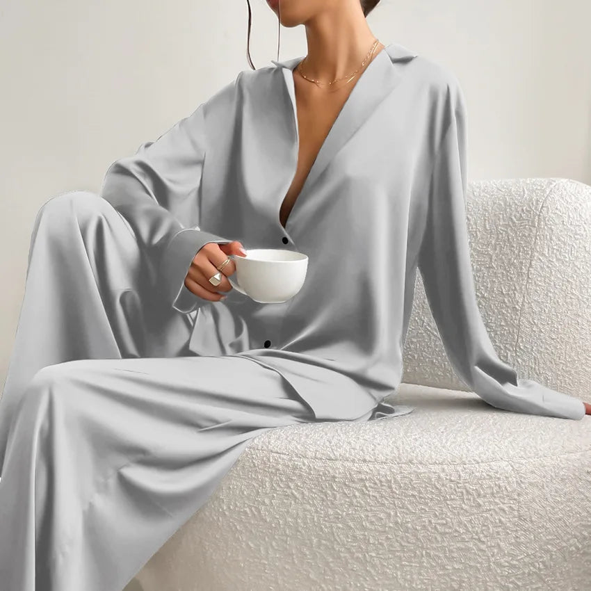 Ensemble de pyjama sexy à coupe basse pour femme, pantalon ample et décontracté à manches longues, en satin de soie uni, haut ajusté, 2 pièces