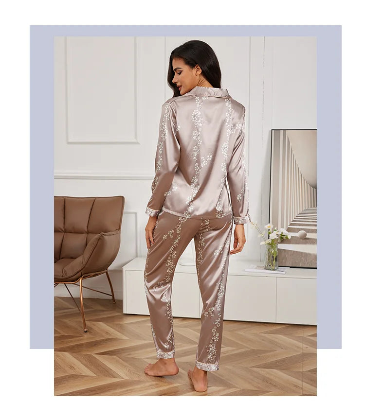 Pyjama 2 pièces en satin pour femme, vêtement d'automne à imprimé floral, haut à manches longues, pantalon de pyjama