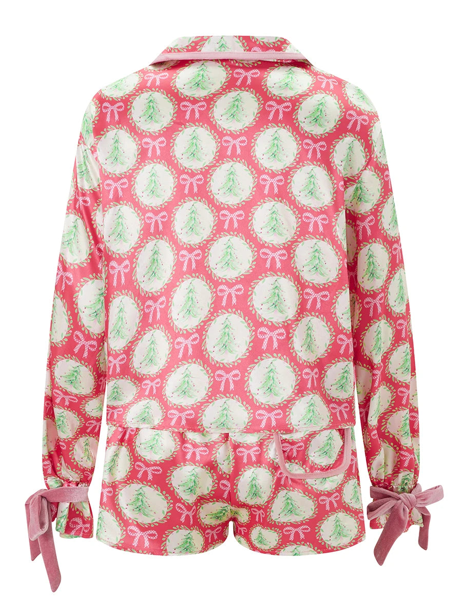 Pyjama de Noël 2025 pour femme, ensemble 2 pièces, chemise à manches longues et short en satin de soie, motif amusant