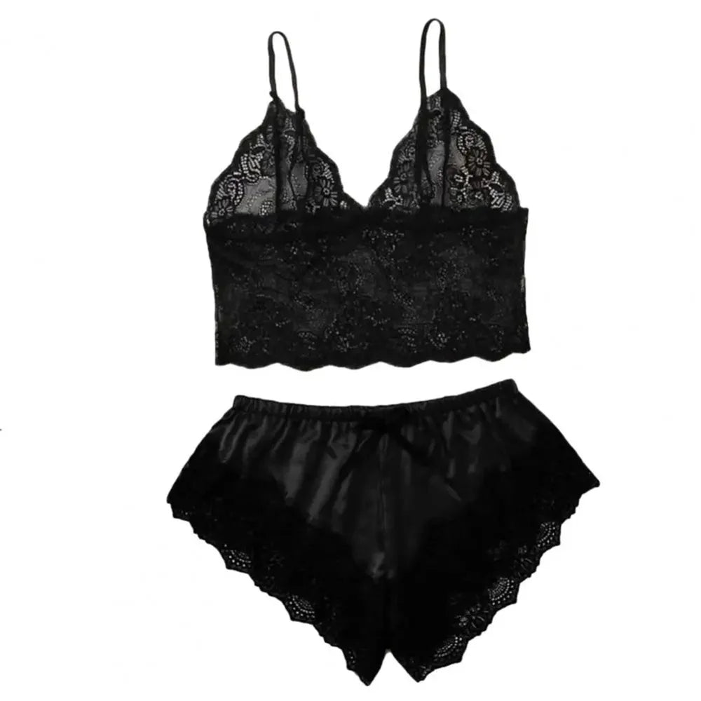 Ensemble de pyjama sexy en satin et dentelle pour femme, lingerie, short à bretelles élastiques, vêtements de nuit, sous-vêtements sans manches