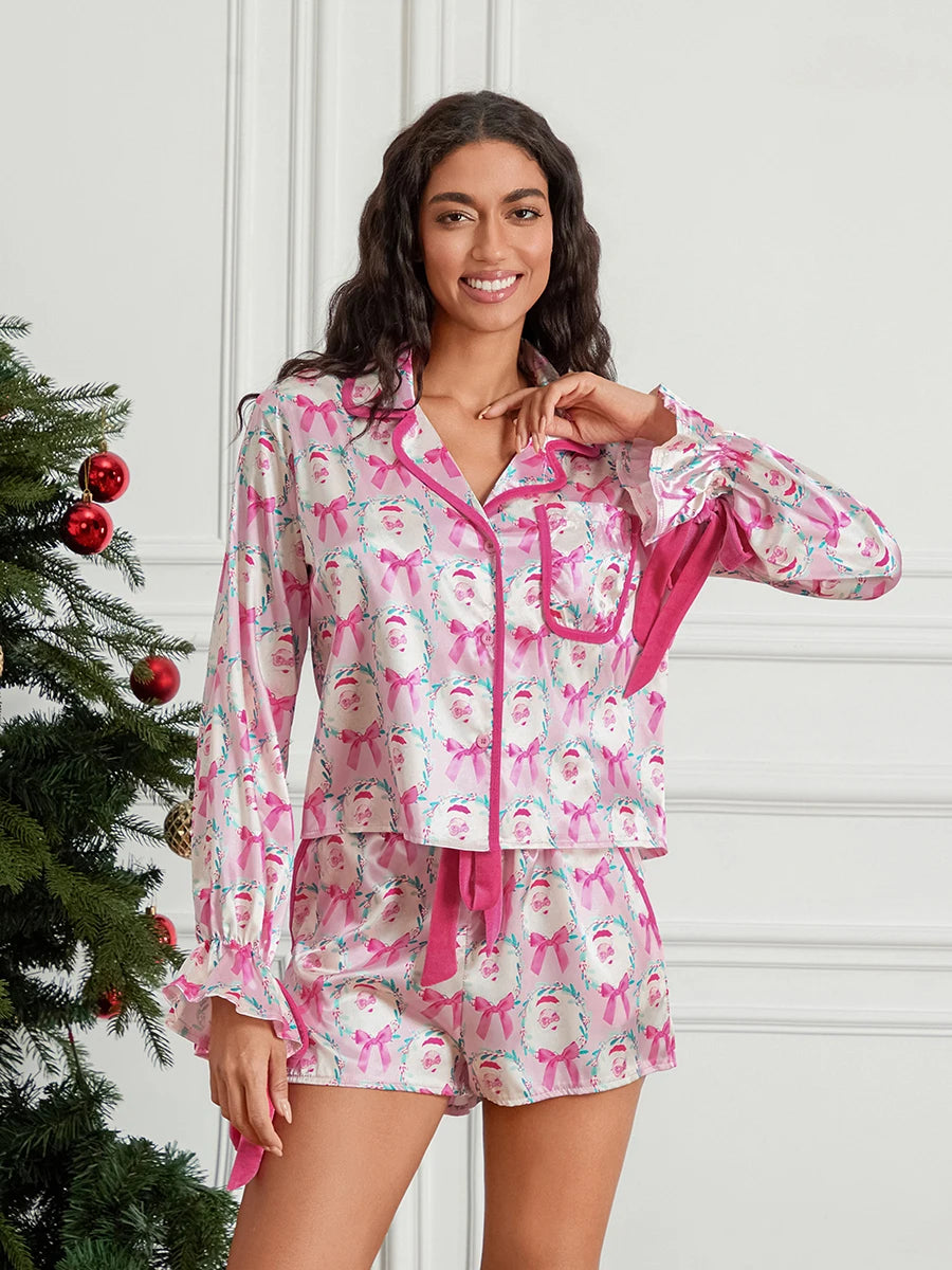 Pyjama de Noël 2025 pour femme, ensemble 2 pièces, chemise à manches longues et short en satin de soie, motif amusant