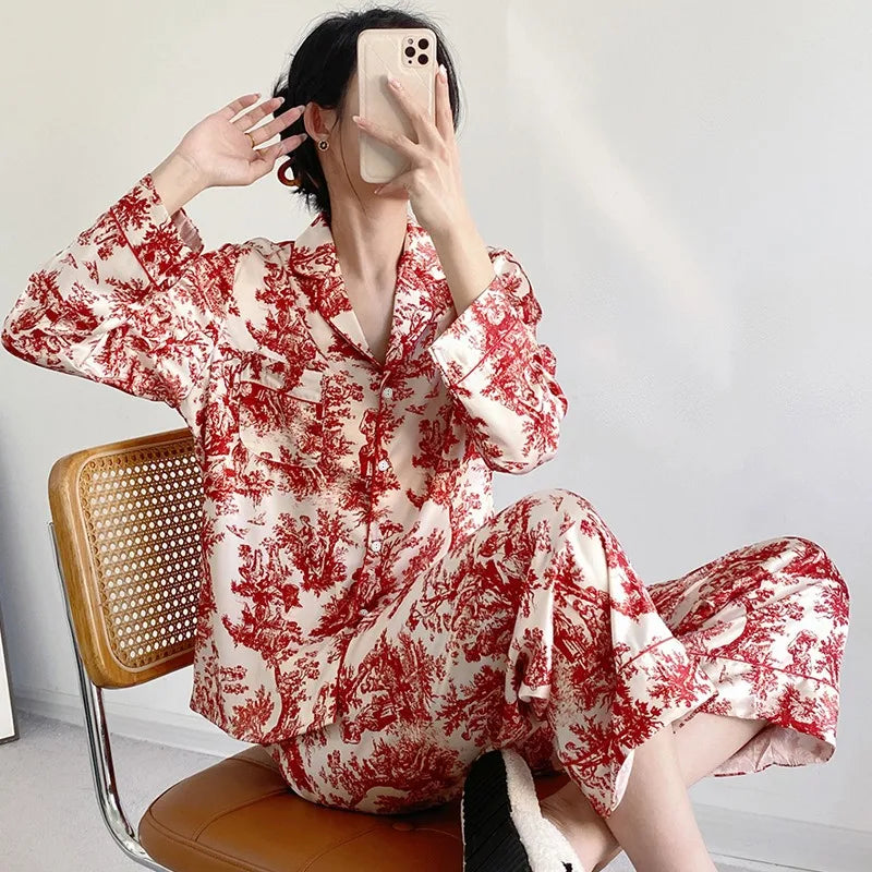 Ensemble pyjama 2 pièces pour femme, tenue de détente, imprimé floral rouge, manches longues, pantalon, vêtements de nuit amples en satin, chemise et pantalon