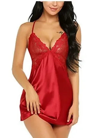 Pyjama dos nu sexy avec jupe porte-jarretelles pour femme, lingerie de nuit, vêtements de nuit en satin, chemise en dentelle, mini nuisette, nuisette