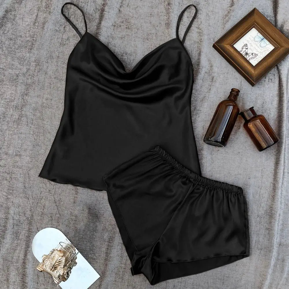 Pyjama sans manches en satin de soie, col en V, ample, caraco, short, chemise de nuit, vêtements de maison, ensembles de vêtements de nuit en soie glacée, été, femme