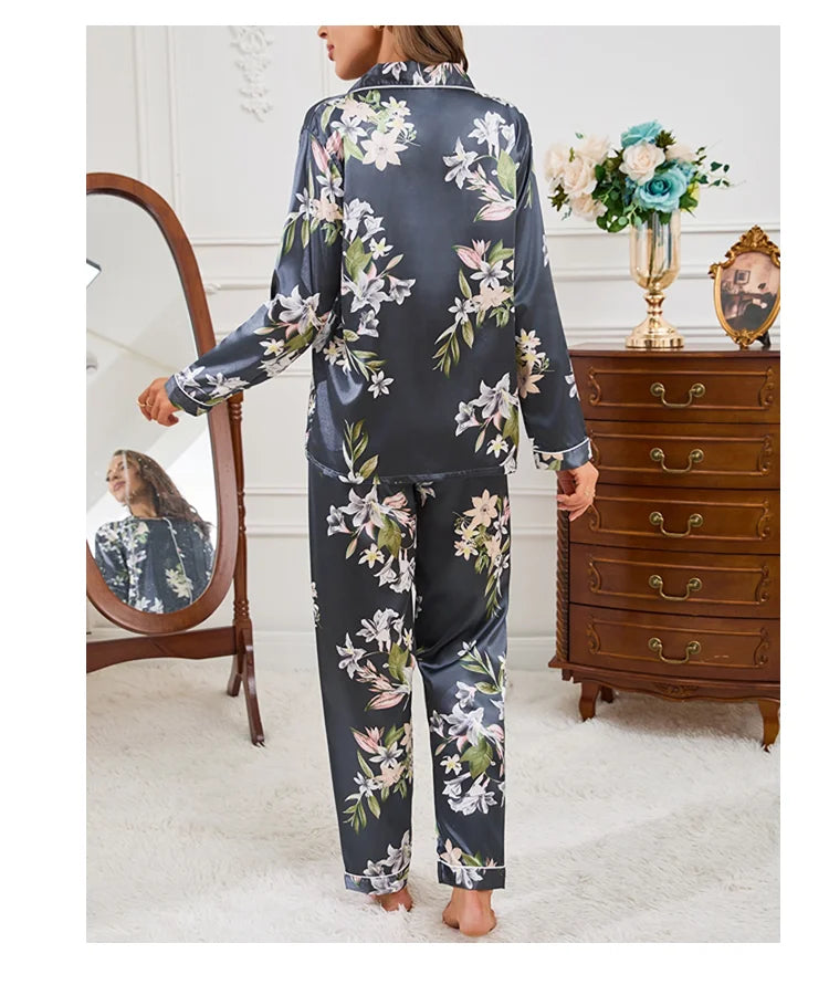 Pyjama 2 pièces en satin pour femme, vêtement d'automne à imprimé floral, haut à manches longues, pantalon de pyjama