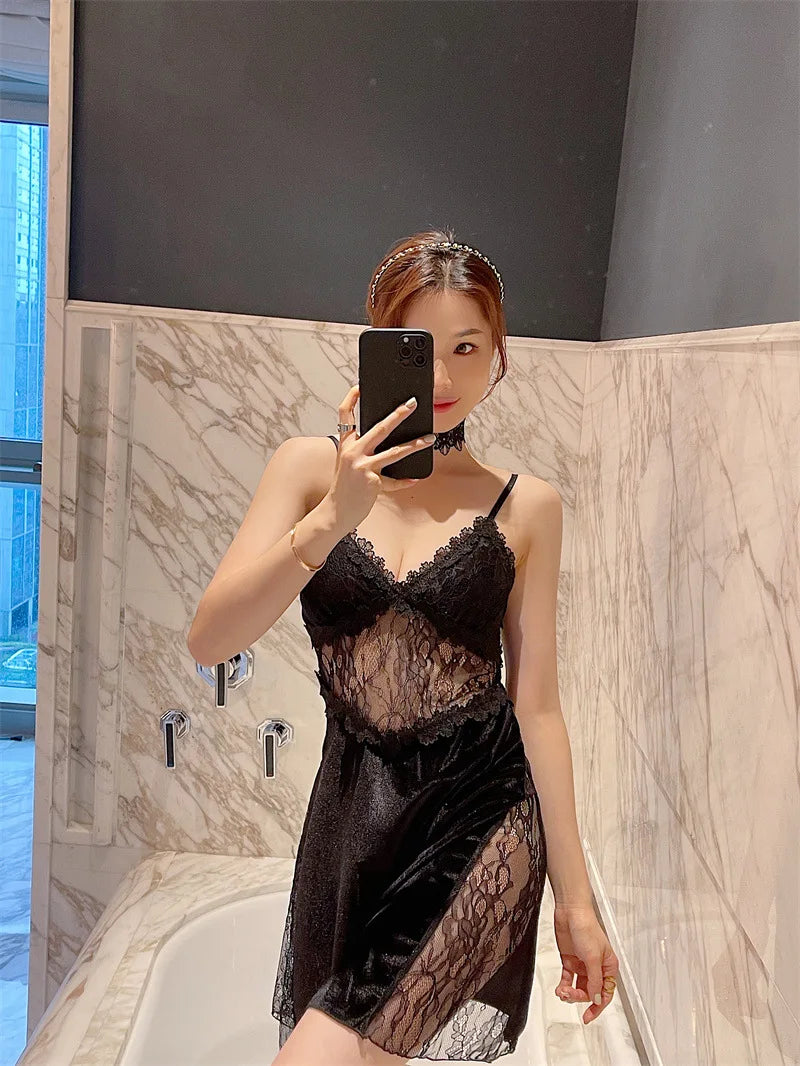 Pyjama sexy en velours pour femme - Robe à manches longues et chemise de nuit à bretelles en dentelle pour l'hiver et l'automne - Vêtements de nuit deux pièces confortables