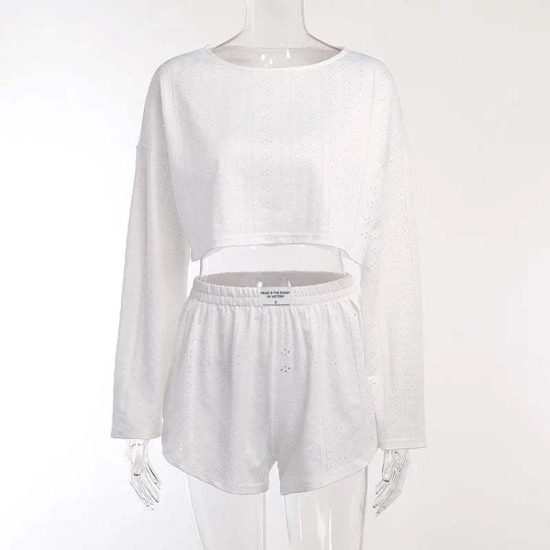 Pyjama d'été ajouré pour femme, haut à manches longues et short, ensemble 2 pièces
