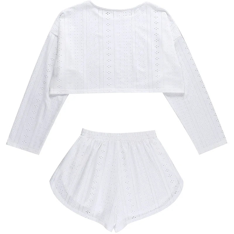 Pyjama d'été ajouré pour femme, haut à manches longues et short, ensemble 2 pièces