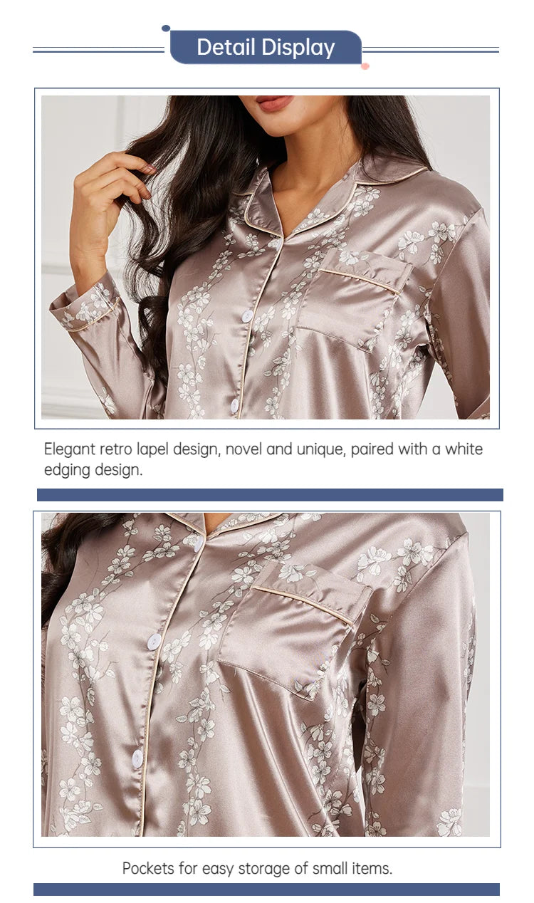 Pyjama 2 pièces en satin pour femme, vêtement d'automne à imprimé floral, haut à manches longues, pantalon de pyjama
