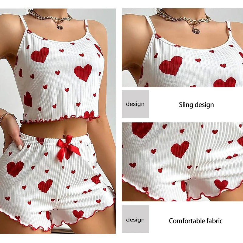 Ensemble pyjama 2 pièces pour femme, débardeur court et short, taille SML, blanc, respirant, doux, décontracté, imprimé Love