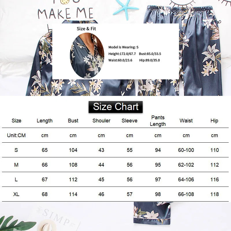 Pyjama 2 pièces en satin pour femme, vêtement d'automne à imprimé floral, haut à manches longues, pantalon de pyjama