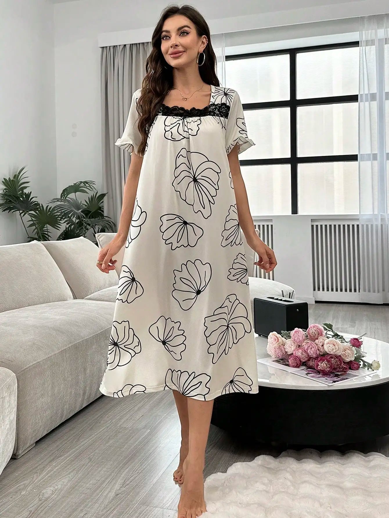 Pyjama d'été une pièce pour femme, imprimé floral élégant, col carré, longue chemise de nuit ample, peut être porté à l'extérieur, peignoir de maison