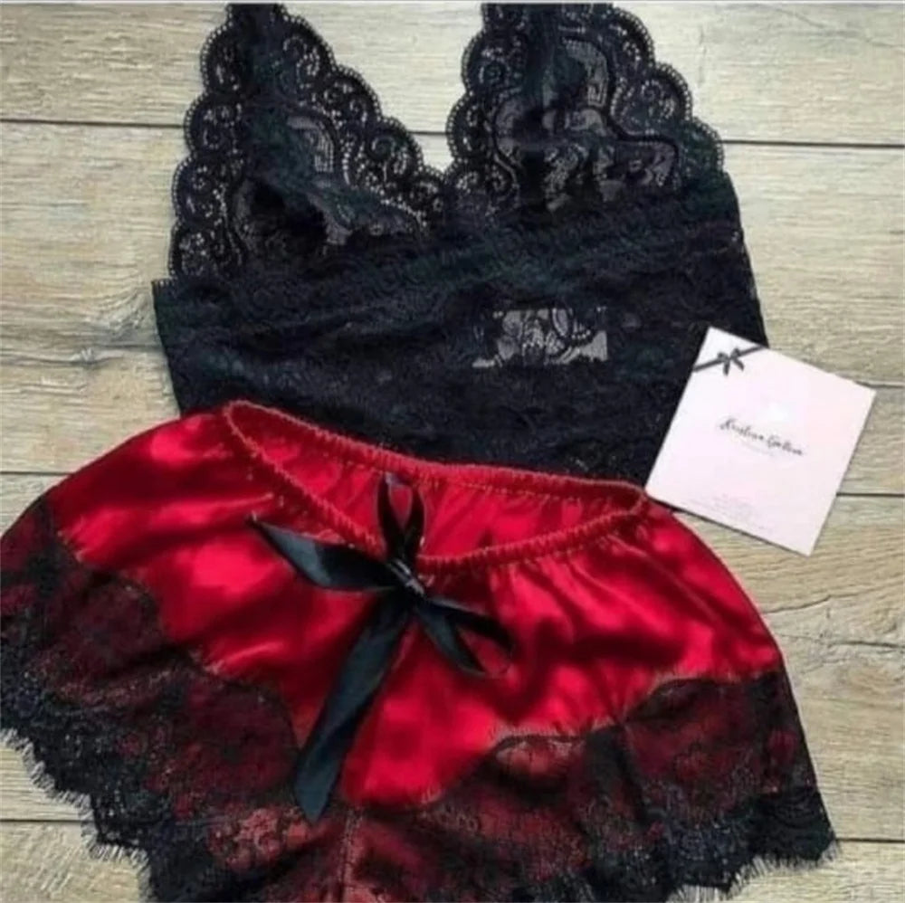 Ensemble de pyjama sexy en satin et dentelle pour femme, lingerie, short à bretelles élastiques, vêtements de nuit, sous-vêtements sans manches