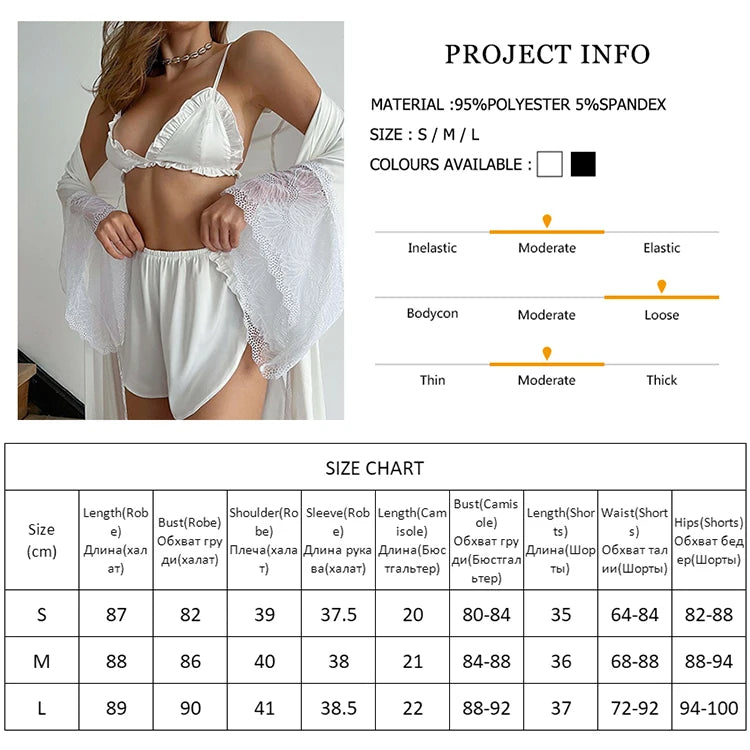 Ensembles de pyjama en dentelle patchwork avec soutien-gorge et sous-vêtements sexy en satin pour femme, 3 pièces, vêtements de nuit, peignoirs, 2023