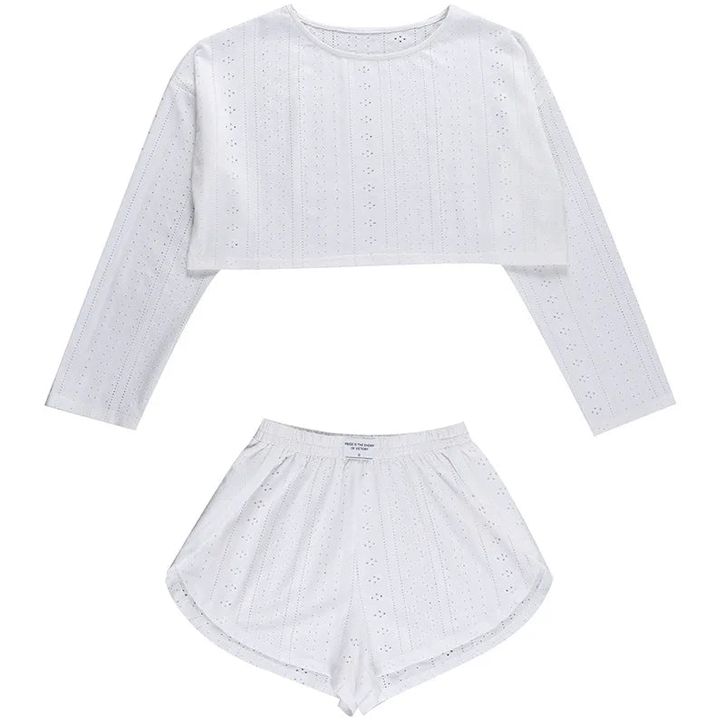 Pyjama d'été ajouré pour femme, haut à manches longues et short, ensemble 2 pièces