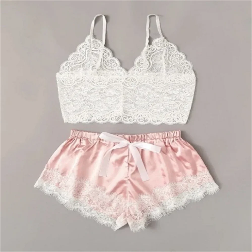 Ensemble de pyjama sexy en satin et dentelle pour femme, lingerie, short à bretelles élastiques, vêtements de nuit, sous-vêtements sans manches