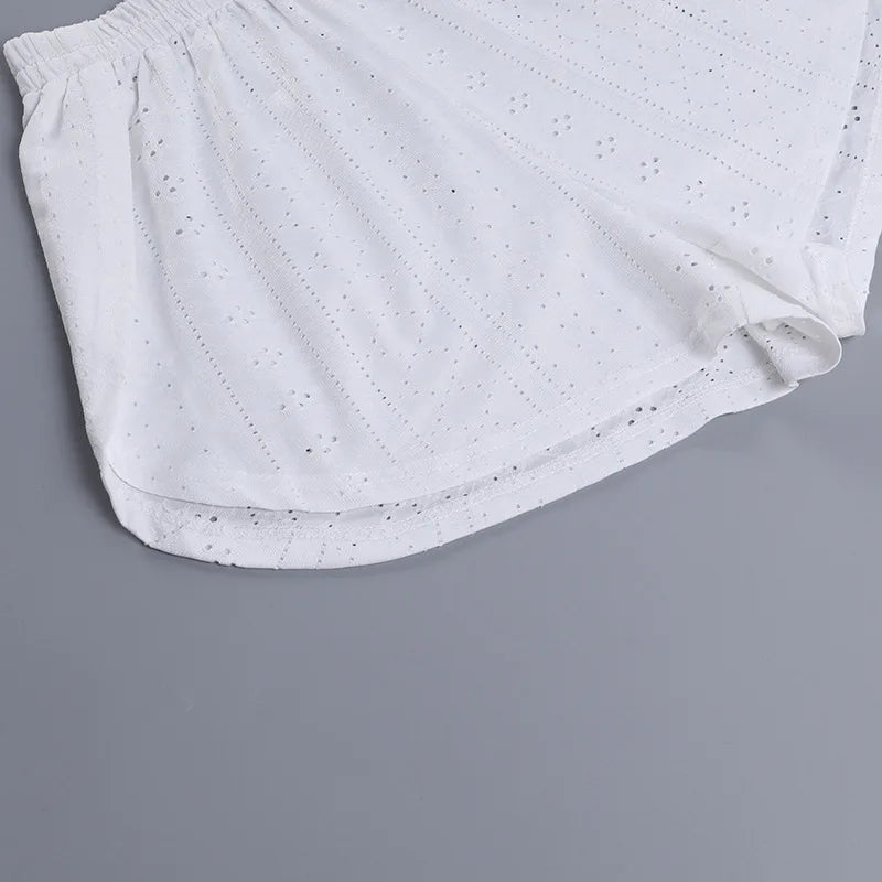 Pyjama d'été ajouré pour femme, haut à manches longues et short, ensemble 2 pièces