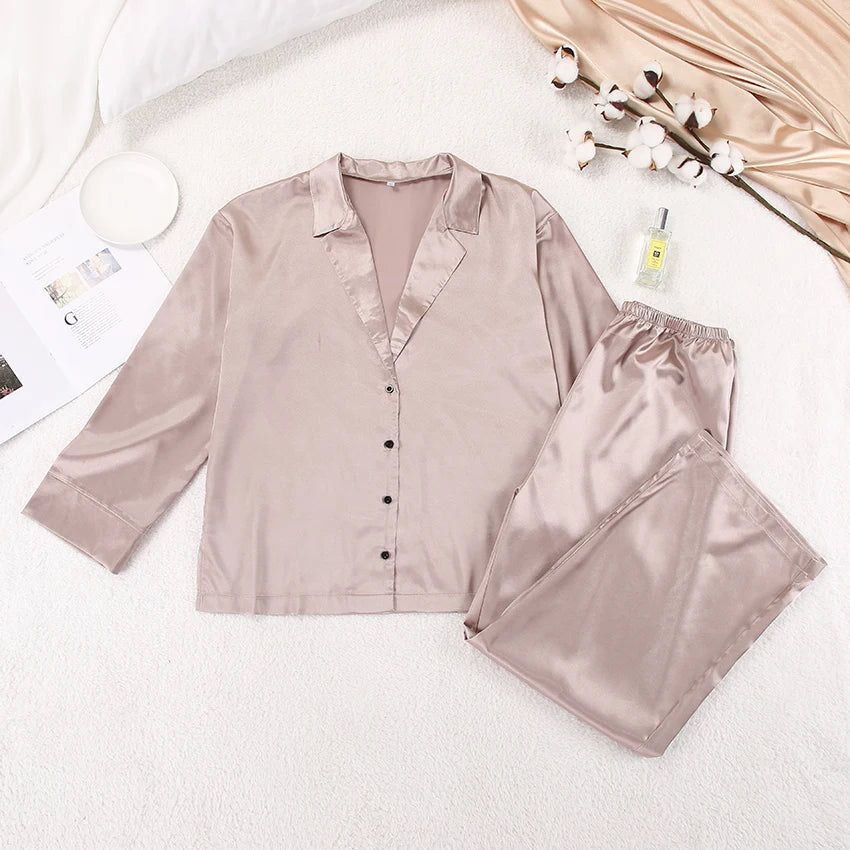 Ensemble de pyjama sexy à coupe basse pour femme, pantalon ample et décontracté à manches longues, en satin de soie uni, haut ajusté, 2 pièces