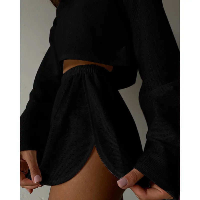 Pyjama d'été ajouré pour femme, haut à manches longues et short, ensemble 2 pièces