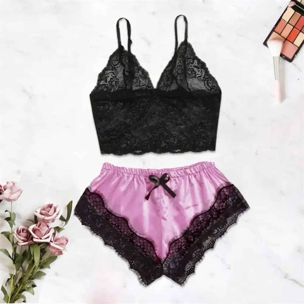 Ensemble de pyjama sexy en satin et dentelle pour femme, lingerie, short à bretelles élastiques, vêtements de nuit, sous-vêtements sans manches