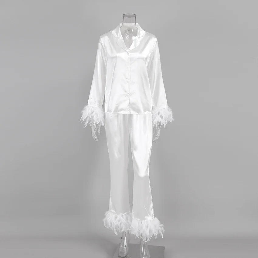 Ensemble 2 pièces à manches longues et pantalon long, pyjama blanc pour demoiselle d'honneur, robe de soirée en satin à revers multicolore, élasticité, pyjama sexy pour femme
