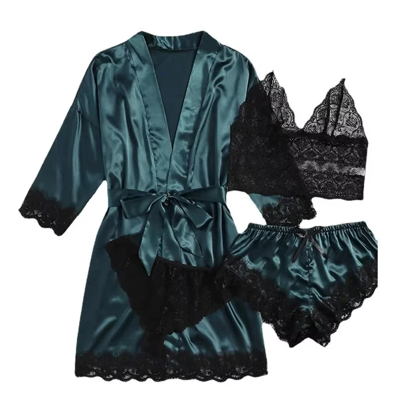 Pyjama tendance pour femme, imprimé, sexy, bordure en dentelle, imitation soie, satin, doux pour la peau, confortable, vêtements de détente, pyjama sexy