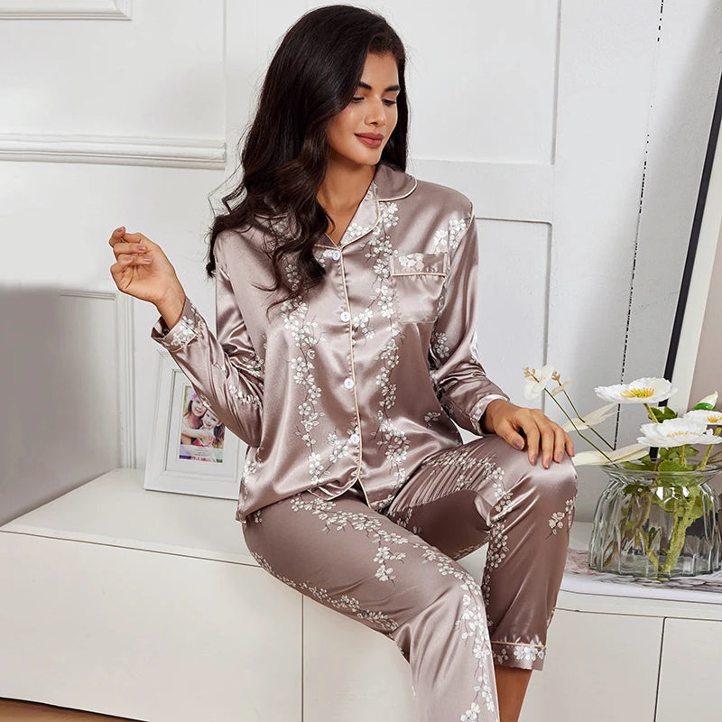 Pyjama 2 pièces en satin pour femme, vêtement d'automne à imprimé floral, haut à manches longues, pantalon de pyjama