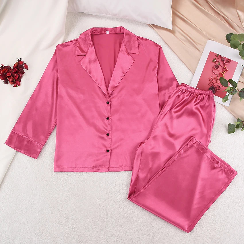 Ensemble de pyjama sexy à coupe basse pour femme, pantalon ample et décontracté à manches longues, en satin de soie uni, haut ajusté, 2 pièces