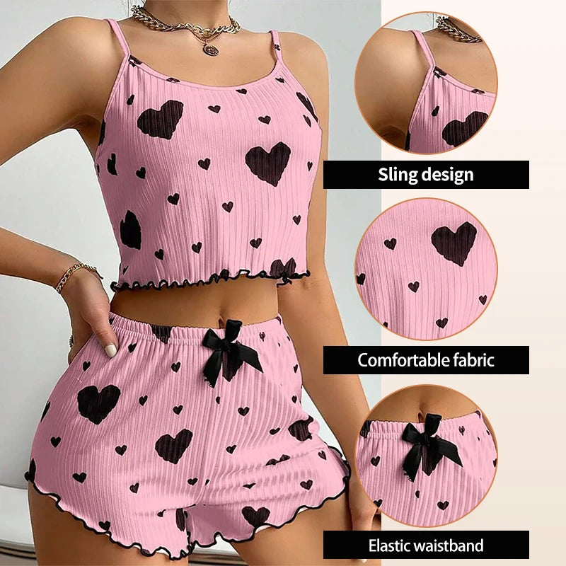 Ensemble pyjama 2 pièces pour femme, débardeur court et short, taille SML, blanc, respirant, doux, décontracté, imprimé Love