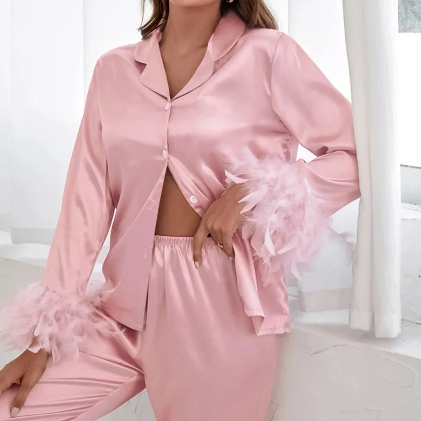 Ensemble 2 pièces à manches longues et pantalon long, pyjama blanc pour demoiselle d'honneur, robe de soirée en satin à revers multicolore, élasticité, pyjama sexy pour femme