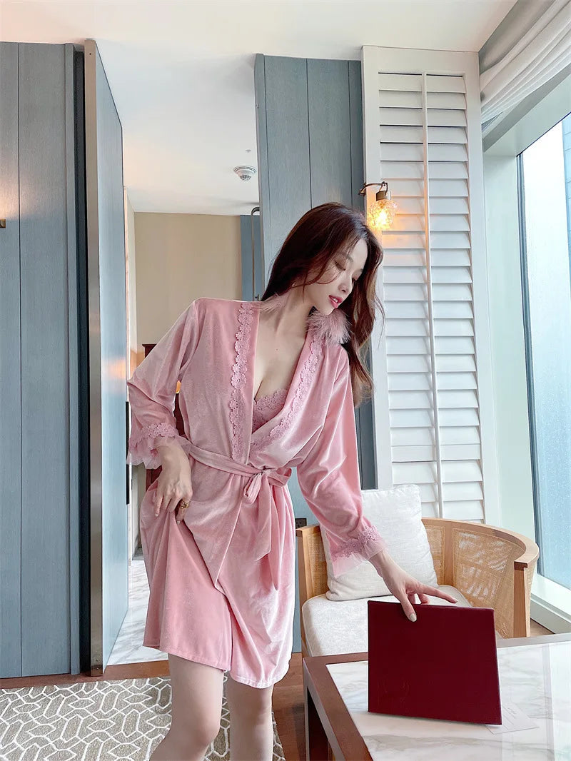 Pyjama sexy en velours pour femme - Robe à manches longues et chemise de nuit à bretelles en dentelle pour l'hiver et l'automne - Vêtements de nuit deux pièces confortables