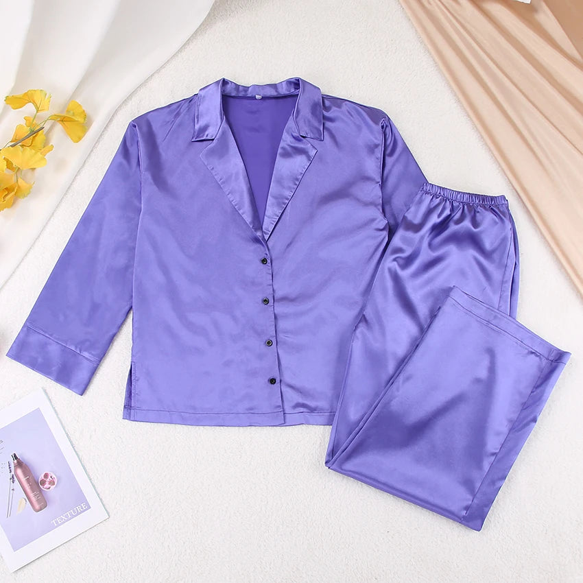Ensemble de pyjama sexy à coupe basse pour femme, pantalon ample et décontracté à manches longues, en satin de soie uni, haut ajusté, 2 pièces