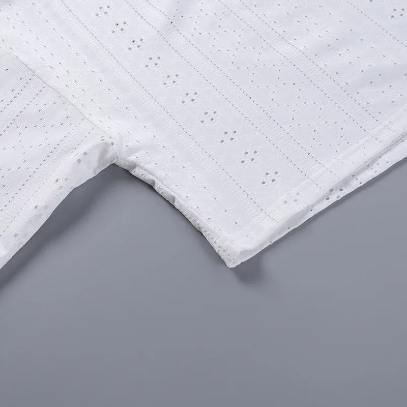 Pyjama d'été ajouré pour femme, haut à manches longues et short, ensemble 2 pièces