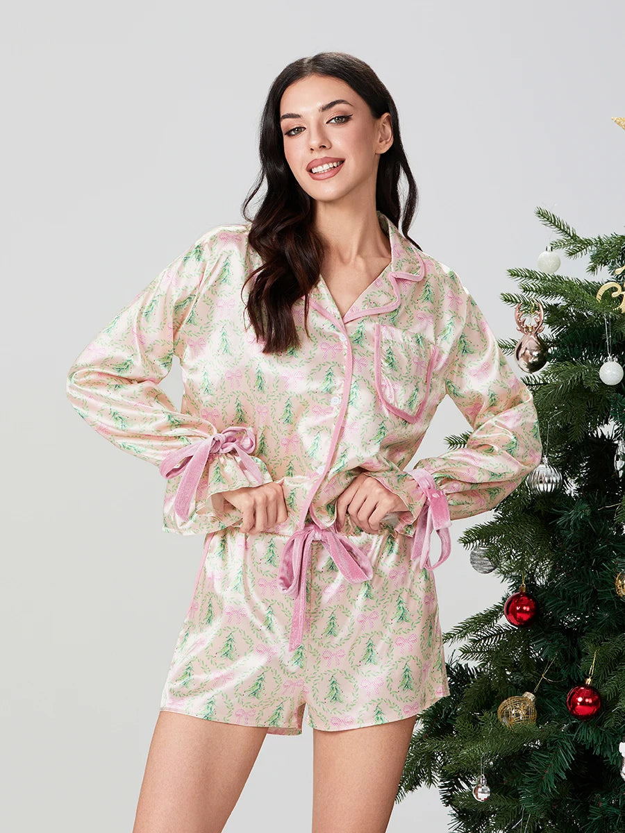 Pyjama de Noël 2025 pour femme, ensemble 2 pièces, chemise à manches longues et short en satin de soie, motif amusant